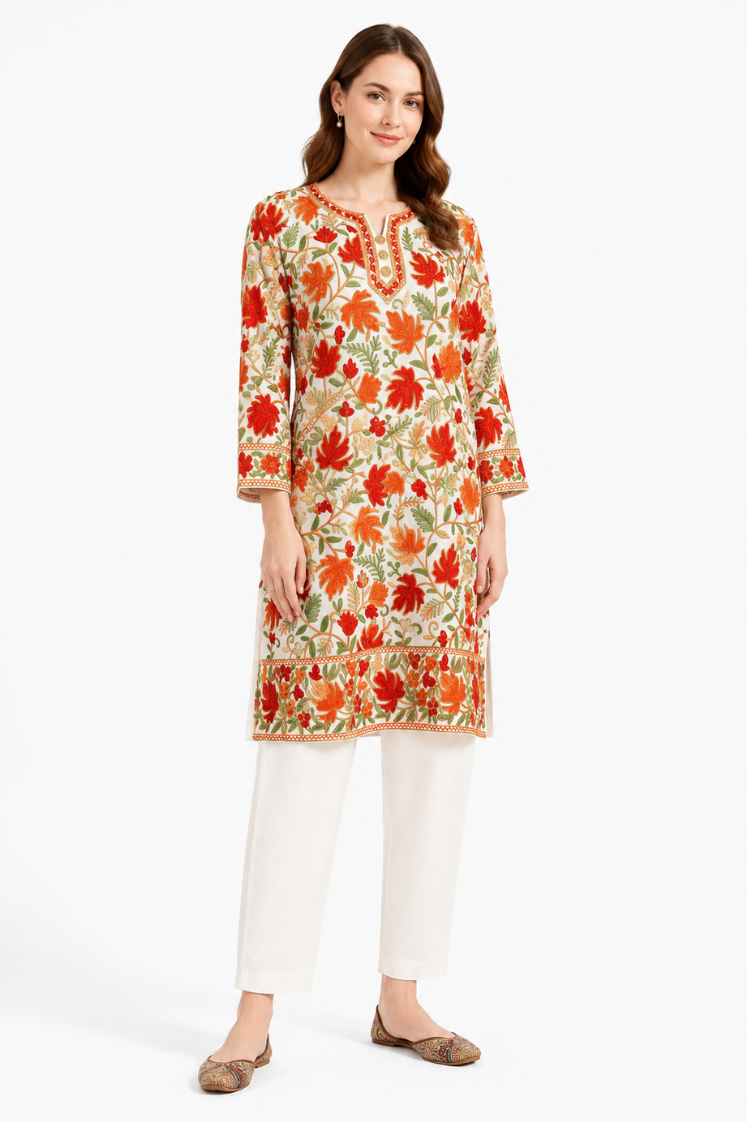 Noor : Chinar Embroidery Summer Kurti | Light Green Georgette